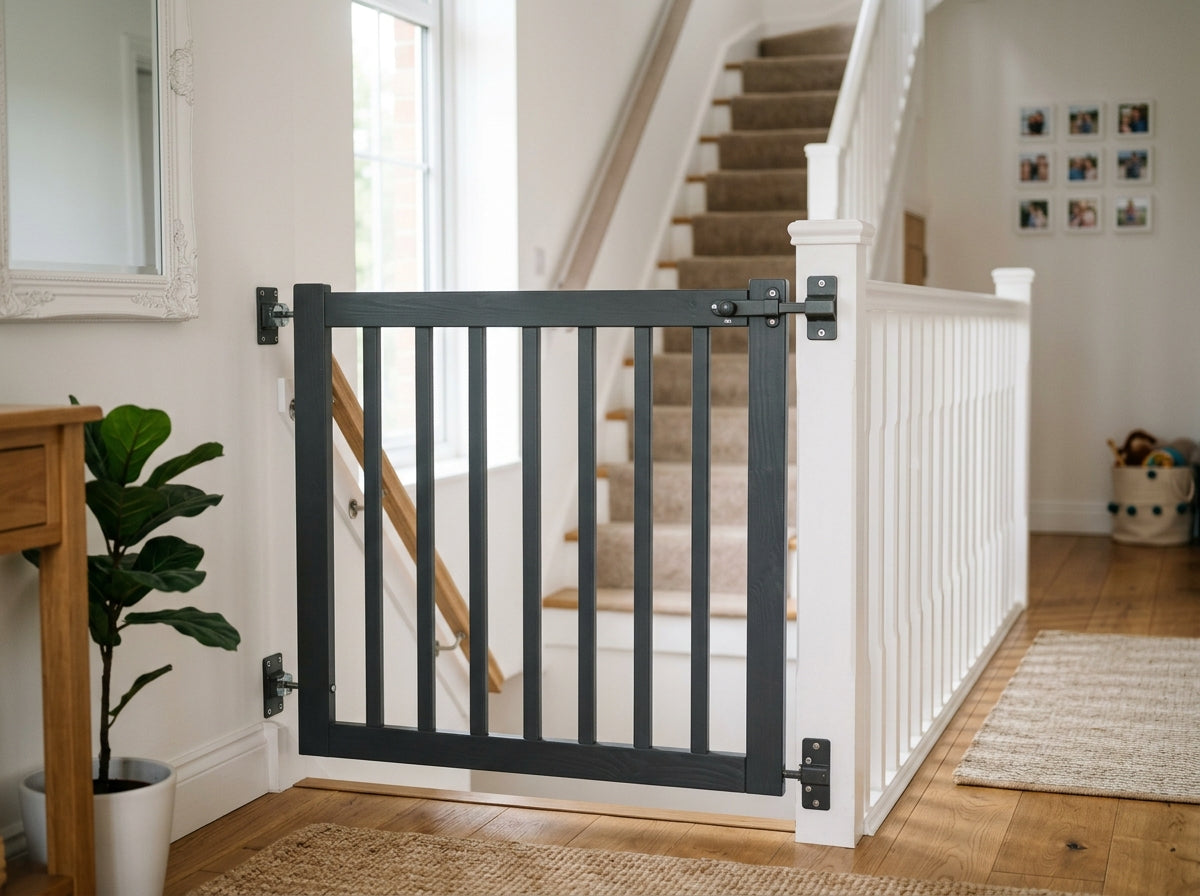 A dark wooden baby gate screwed to the wall and newel post across the bottom of a carpeted staircase