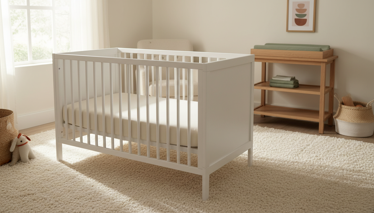 A bare white crib with a fitted sheet and nothing inside, next to a changing table in a sunlit nursery