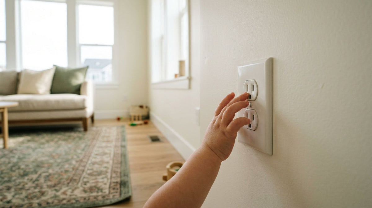 A toddler’s hand reaching toward an uncovered wall outlet in a living room.