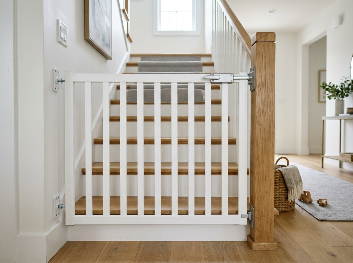 White wooden baby gate across the bottom of a staircase, fixed to screwed wall plates and bolt-latched to the newel post
