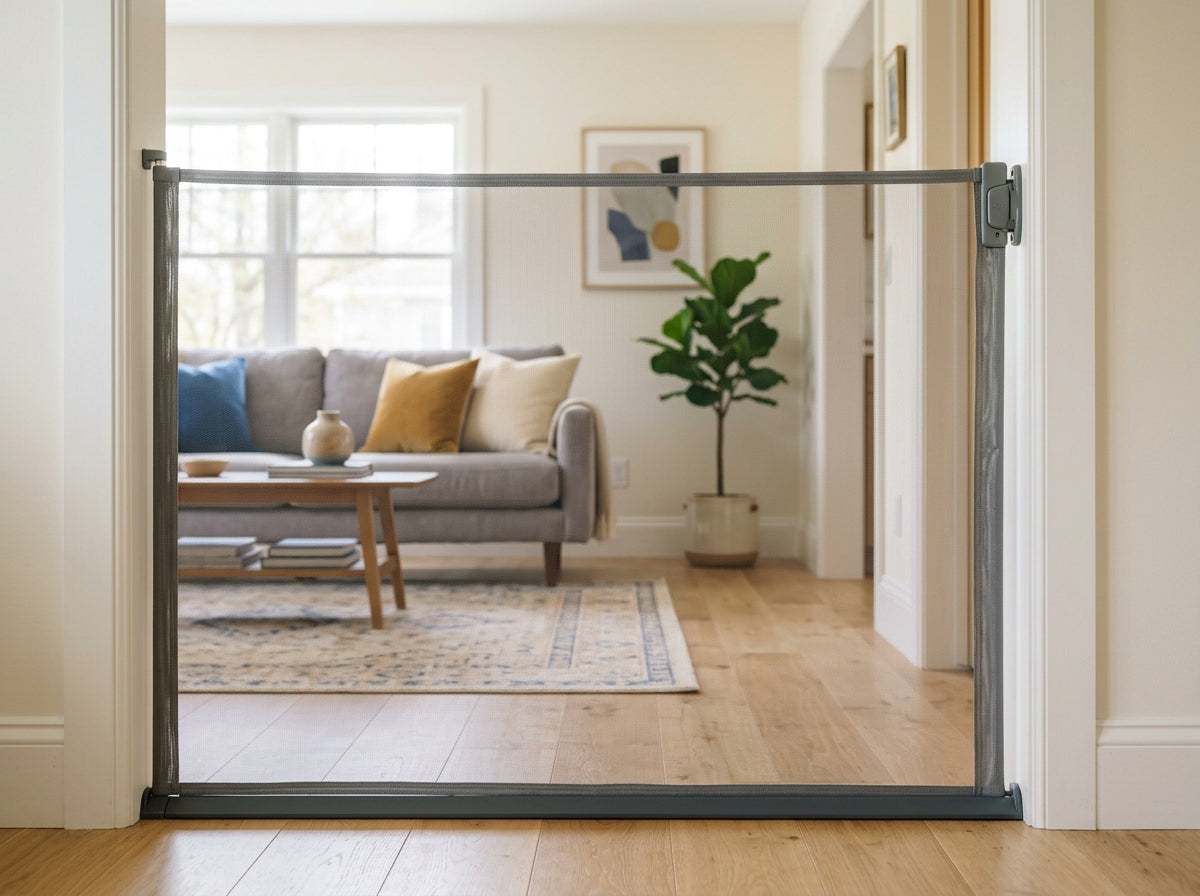 Grey mesh baby gate latched across a living room doorway, fixed to brackets on the door frame, bottom rail flat on the floor