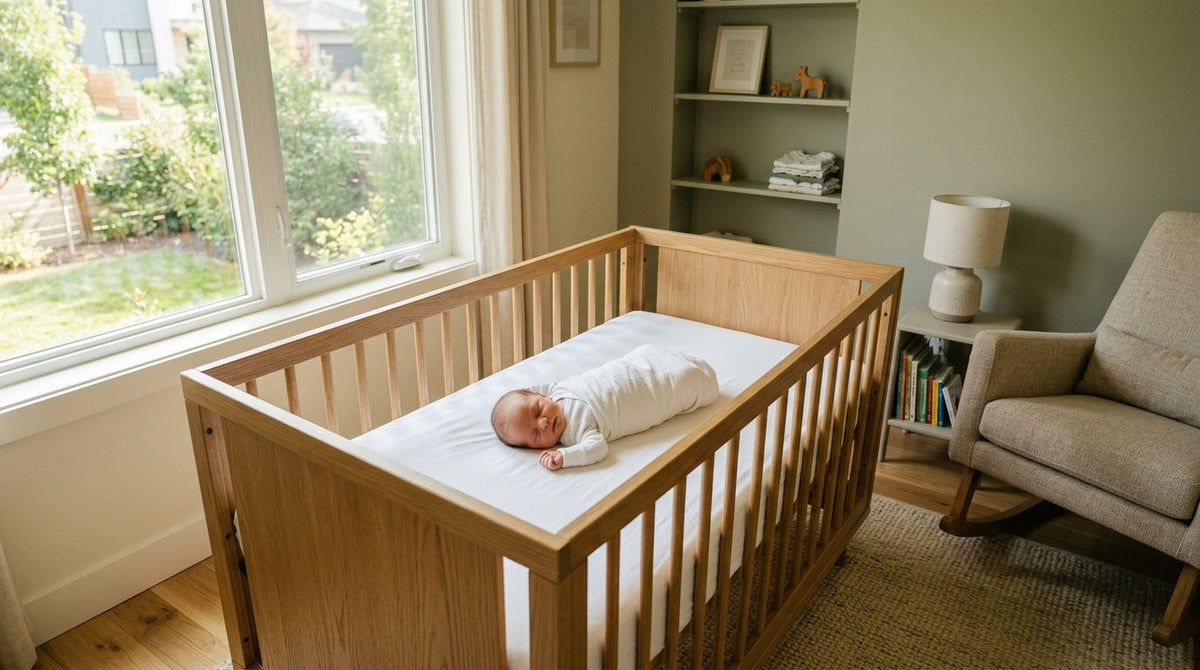 A swaddled newborn sleeping on their back in a bare wooden crib with a firm mattress and fitted sheet