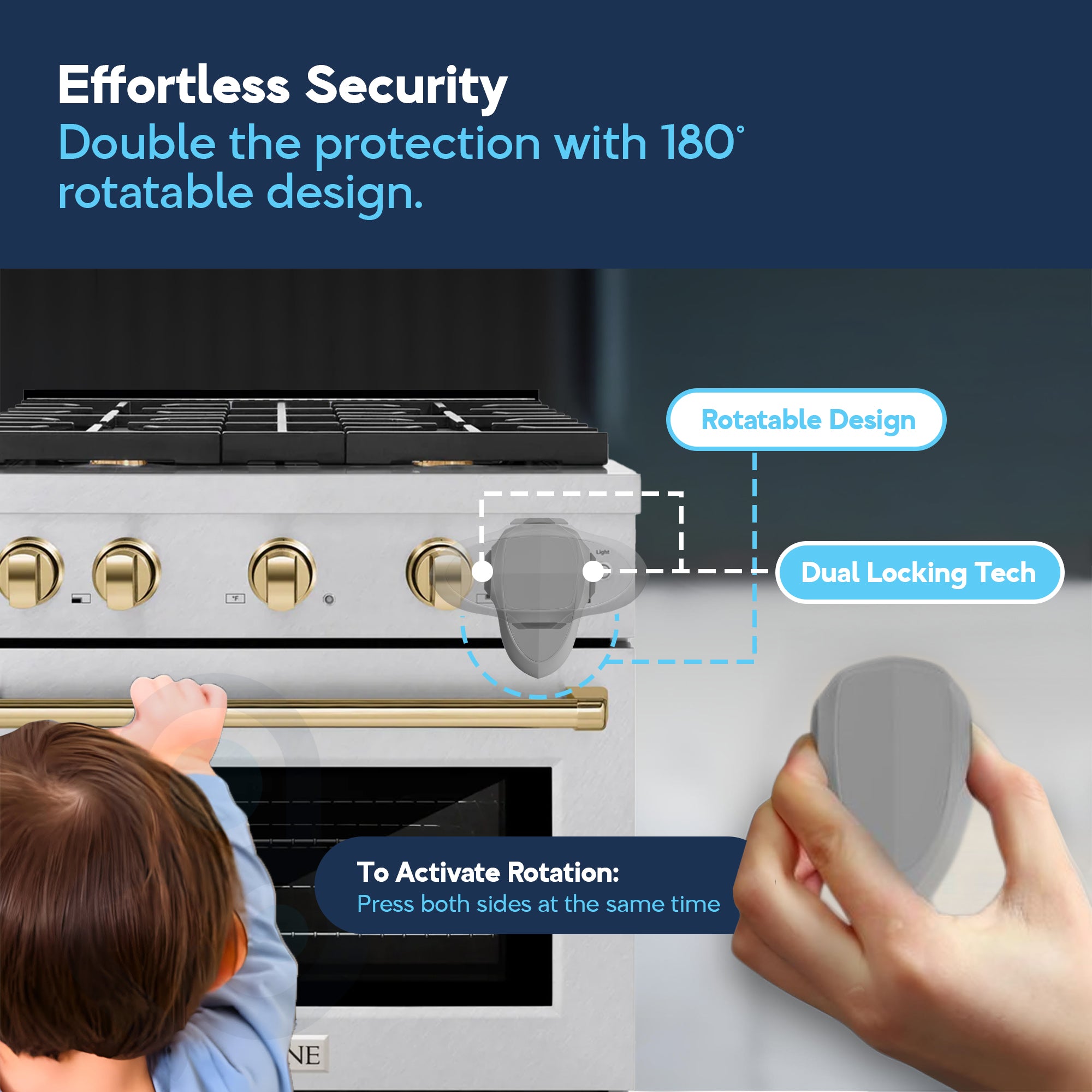 Toddler grabbing stainless steel oven rail while 180° rotatable dual-locking knob cover blocks the burner control