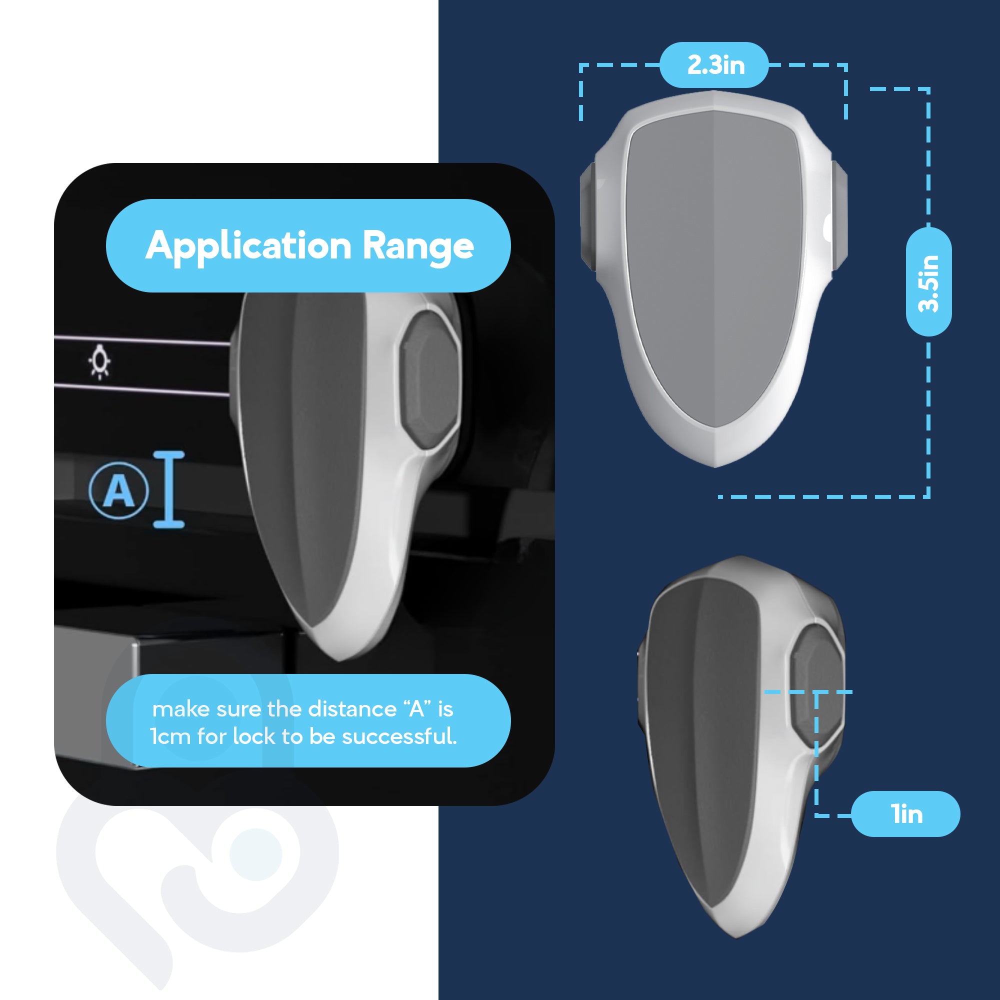 White oven safety lock application range infographic showing 2.3in x 3.5in dimensions and 1cm gap rule