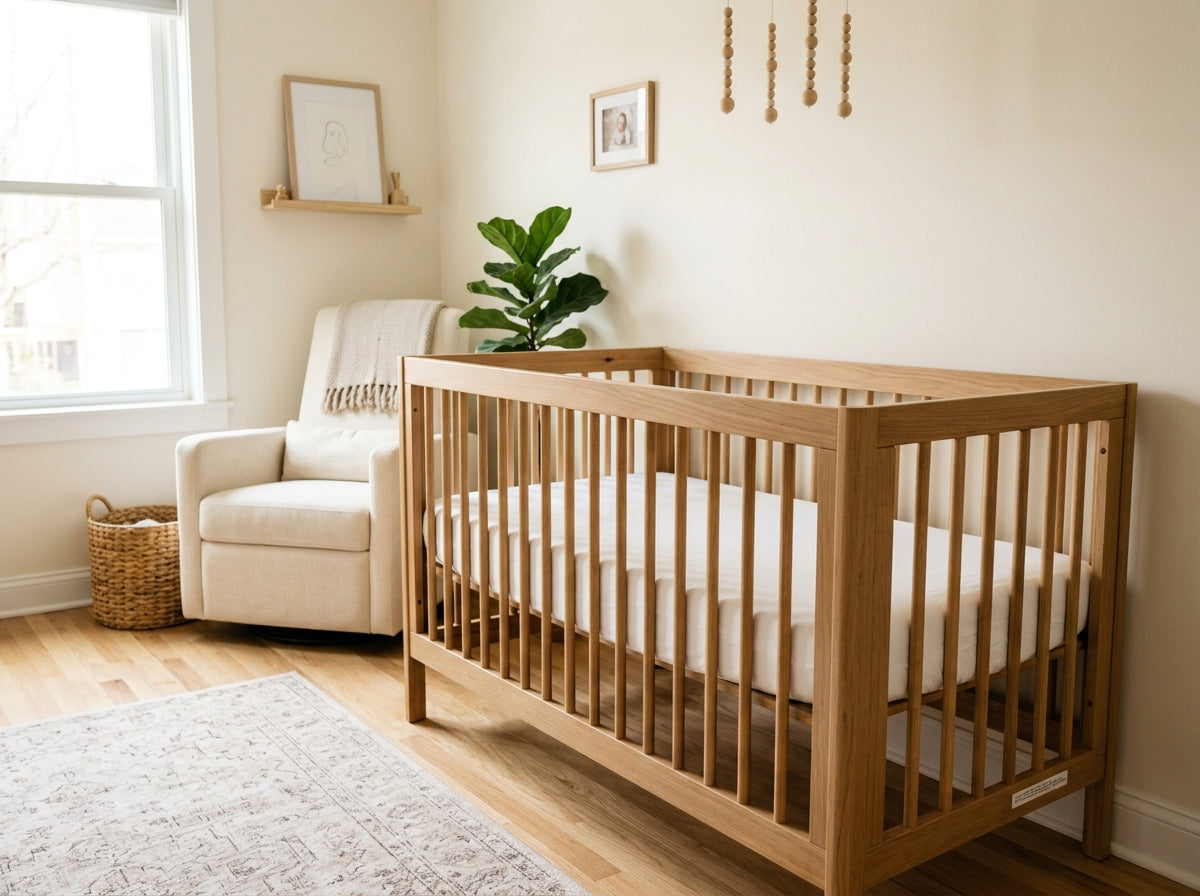 A bare wooden crib with a firm mattress and fitted sheet in a light, cream-walled nursery beside an armchair and a bright window