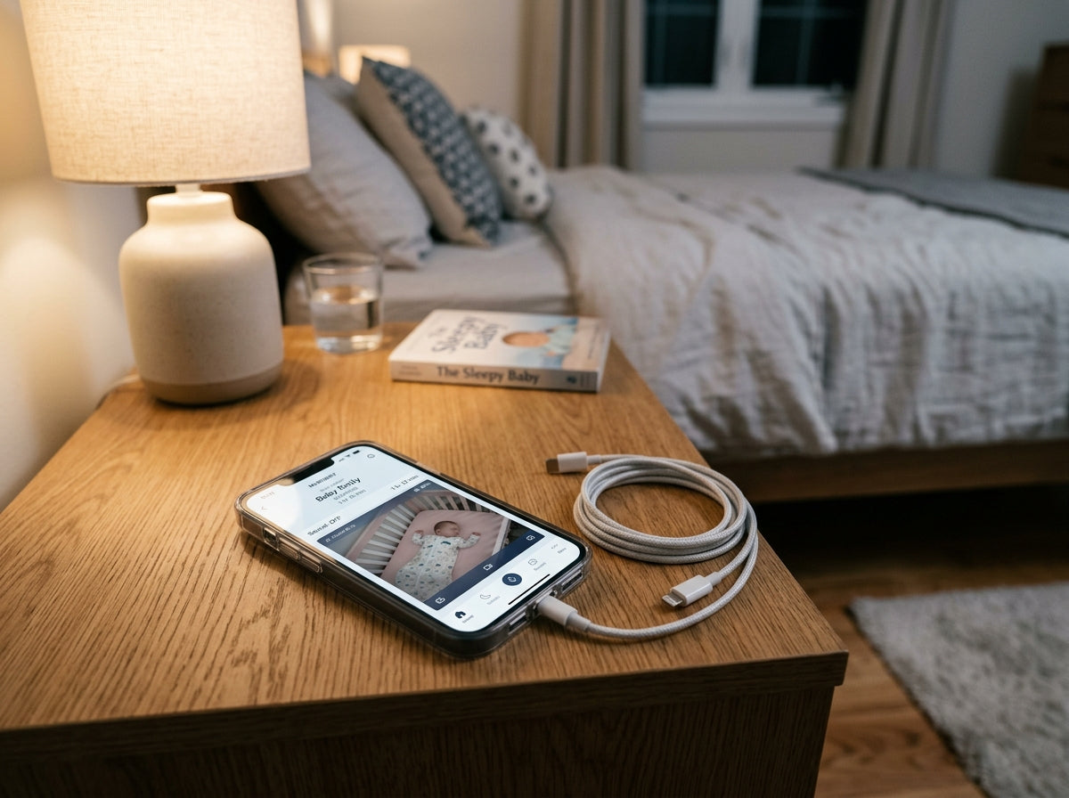 A phone on a bedside table shows a live baby monitor feed of an infant asleep on their back in a bare crib