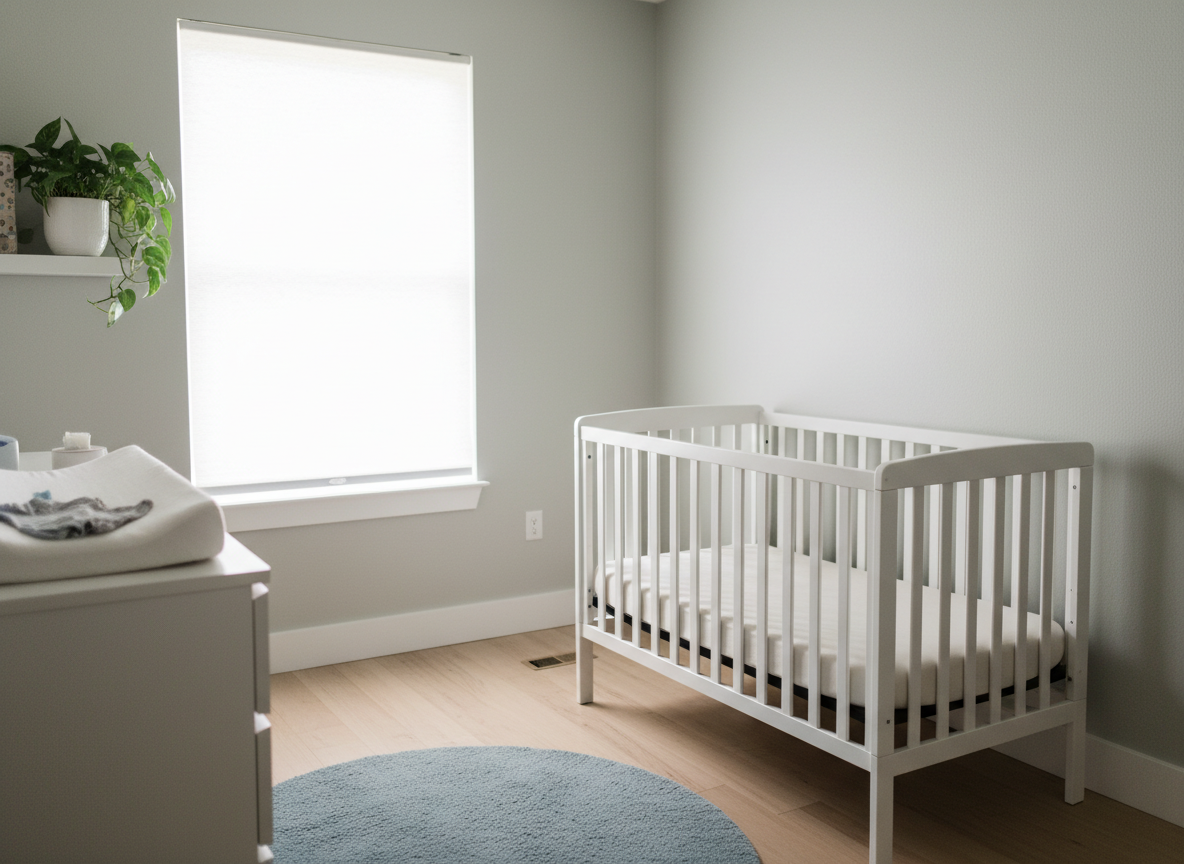 A bare white crib in a nursery with a changing dresser and a window fitted with a cordless roller shade