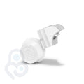 White magnetic cabinet lock with circular crosshair release face, angled view showing clip-mount bracket