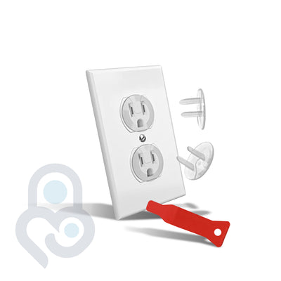 Clear electrical outlet plug covers inserted in duplex outlet with red removal tool beside
